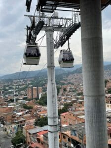 Medellín Metrocable system connecting hillside neighborhoods with panoramic city views
