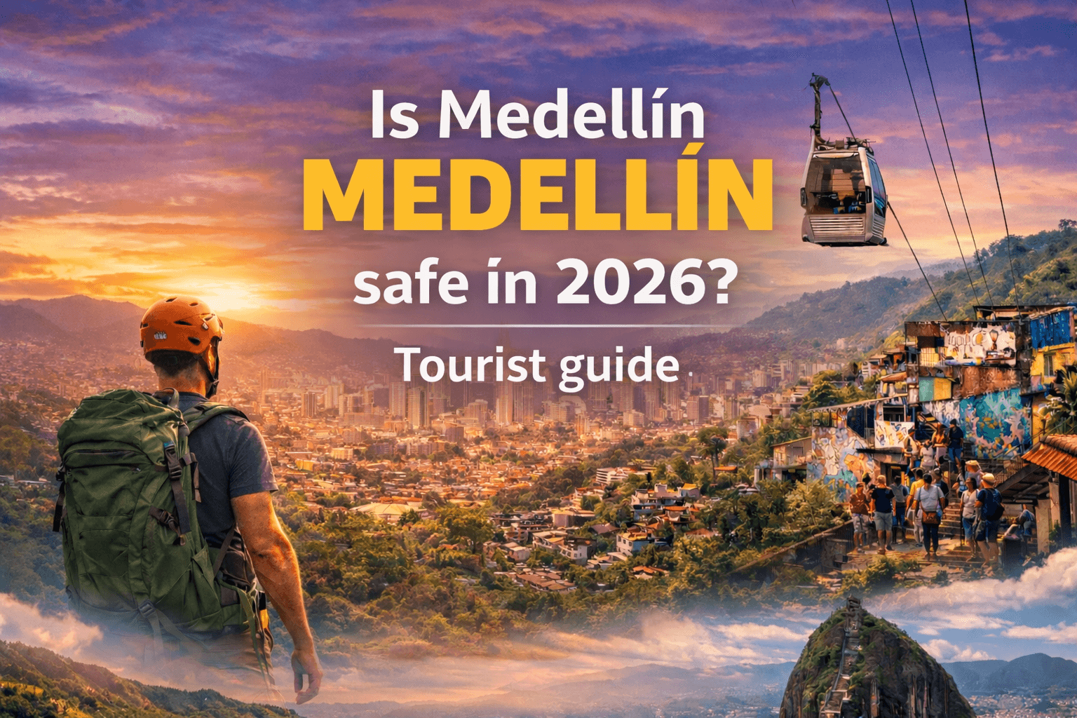 Sunset view of Medellin with cable car, colorful hillside houses and tourist overlooking the city – safety guide for travelers in 2026